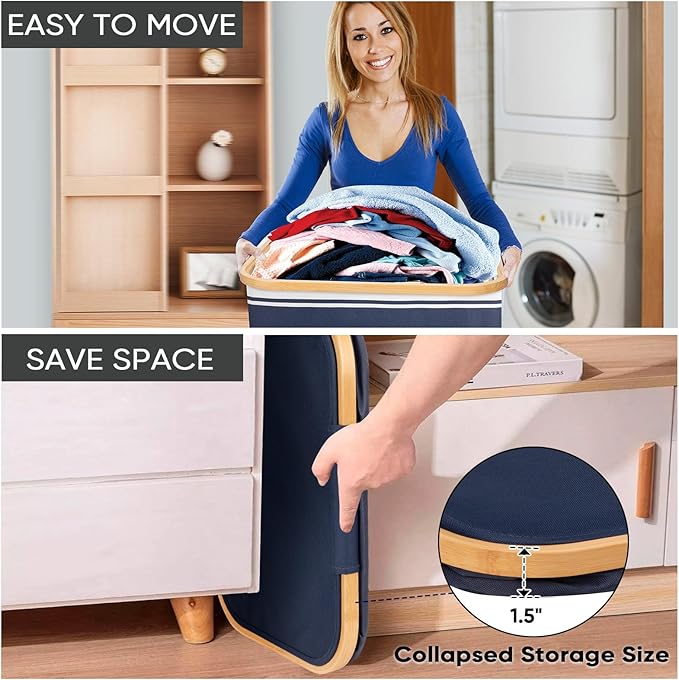 BALEINE Laundry Hamper with Lid, Tall Laundry Baskets with Bamboo Pull Handles, Large Laundry Bin with Internal Support (36 Gal/140L, Blue Stripe)