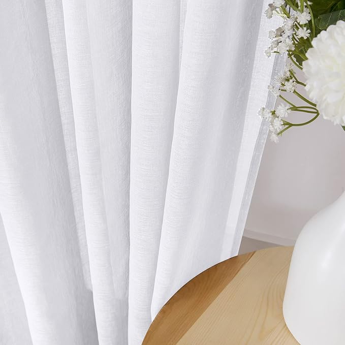 Tollpiz Sheer Curtains Linen Textured Bedroom Curtain Sheers Light Filtering Rod Pocket Voile Curtains for Living Room, 54 x 84 inches Long, White, Set of 2 Panels