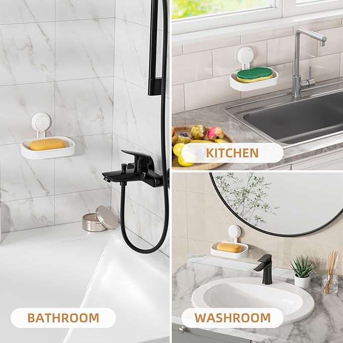 LEVERLOC Soap Dish Holder for Shower Suction Cup Wall Mounted Self Draining NO-Drilling Removable Bar Soap Sponge Holder for Bathroom Bathtub Kitchen Sink Waterproof Strong Vacuum Suction Adhesion
