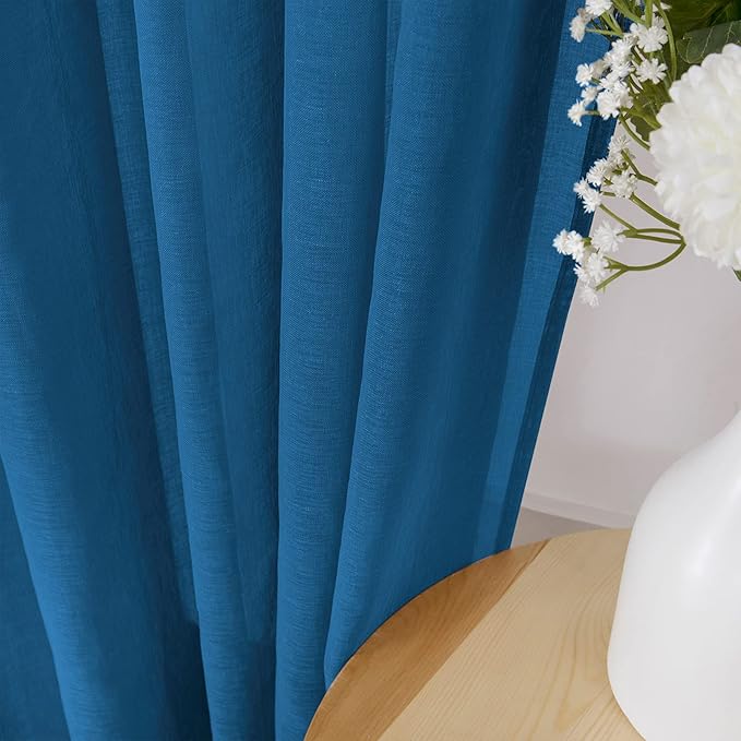 Tollpiz Sheer Tier Curtains Kitchen Linen Textured Half Curtain Sheers Light Filtering Rod Pocket Voile Bathroom Short Curtains for Farmhouse, 25 x 30 inches Long, Classic Blue, Set of 2 Panels