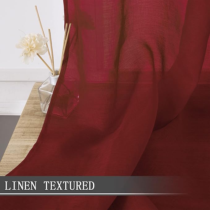 Tollpiz Sheer Curtains Bedroom Linen Textured Curtain Sheers Light Filtering Voile Rod Pocket Curtains for Living Room, 38 x 84 inches Long, Burgundy Red, Set of 2 Panels