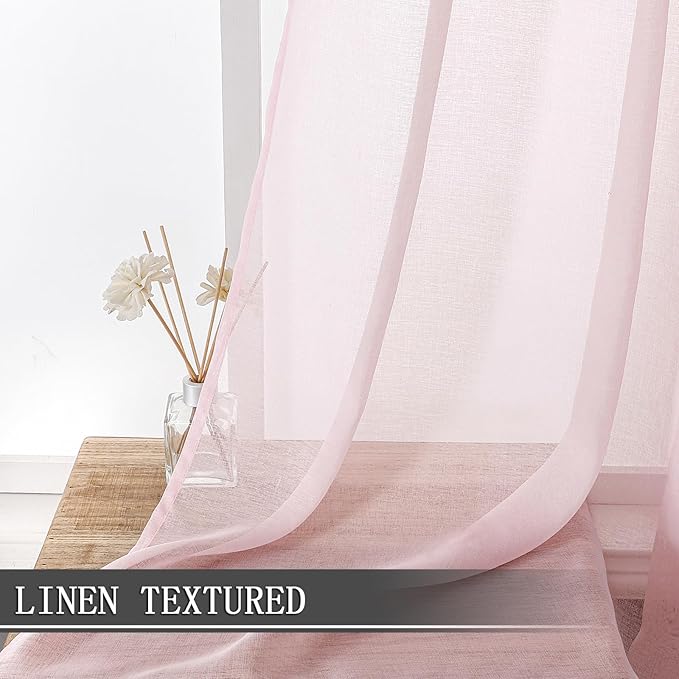 Tollpiz Short Sheer Curtains Living Room Linen Textured Curtain Sheers Light Filtering Voile Rod Pocket Curtains for Bedroom, 38 x 45 inches Long, Pink, Set of 2 Panels