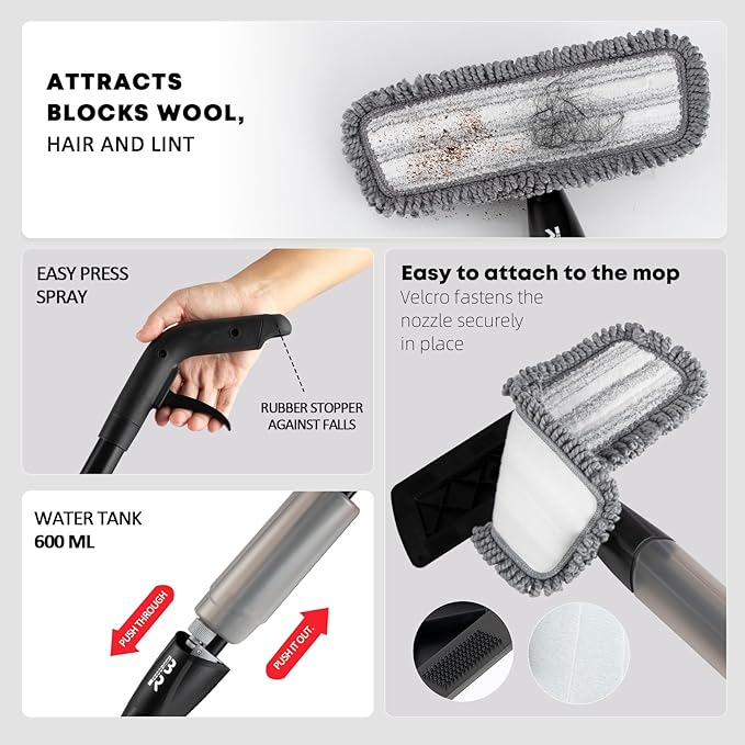 Microfiber Spray Mop for Floors Dry and Wet Mop with Dusting 360 Rotation for Kitchen, Hardwood, Laminate, Tile Floors Includes 6 Refill Heads, Scraper, Holder & Spray Bottle