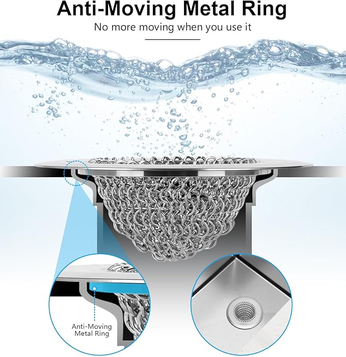 Sink Drain Strainer&Stopper, Anti-Slip Flexible Mesh Sink Strainer with 304 Stainless Steel, Clog-Free Kitchen Sink Strainer, Easy-Clean Sink Catcher Strainer& Silicone Stopper