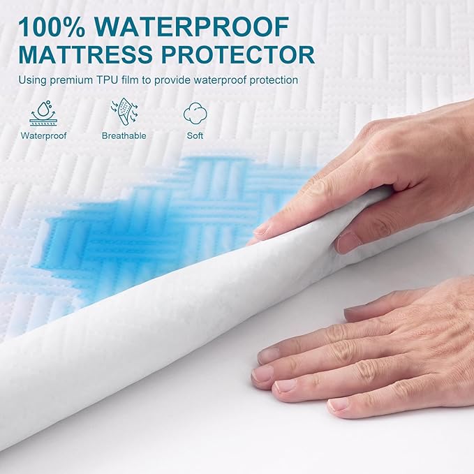 Waterproof Mattress Protector Twin Size - Breathable, Noiseless, Ultra-Soft Bed Cover, Mattress Pad Cover with Deep Stretchable Pockets 8"-21" (White)