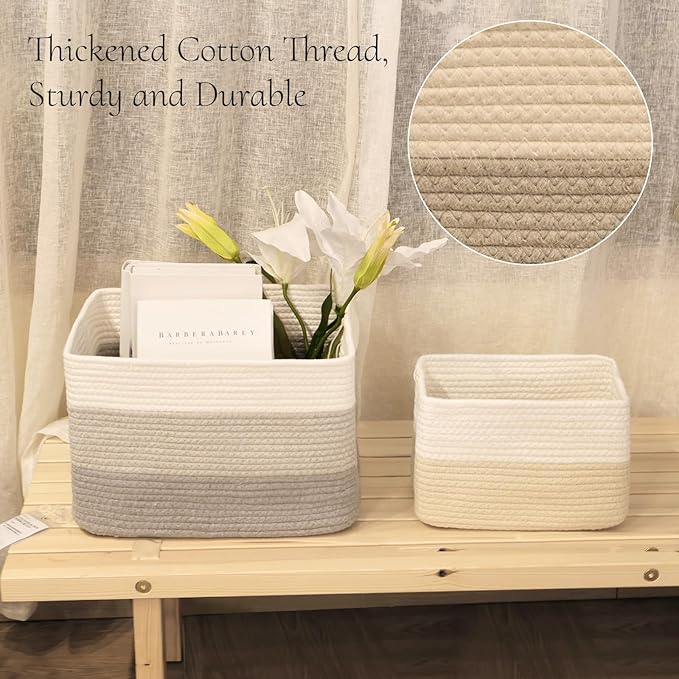 Hopegiver Woven Storage Baskets 15x11x10 Inch, 1 Pack Collapsible Cube Storage Bin for Shelves - Foldable Cotton Rope Organizer Bins for Towels, Toys, Books, Closet, Nursery (White Light-Gray Gray)