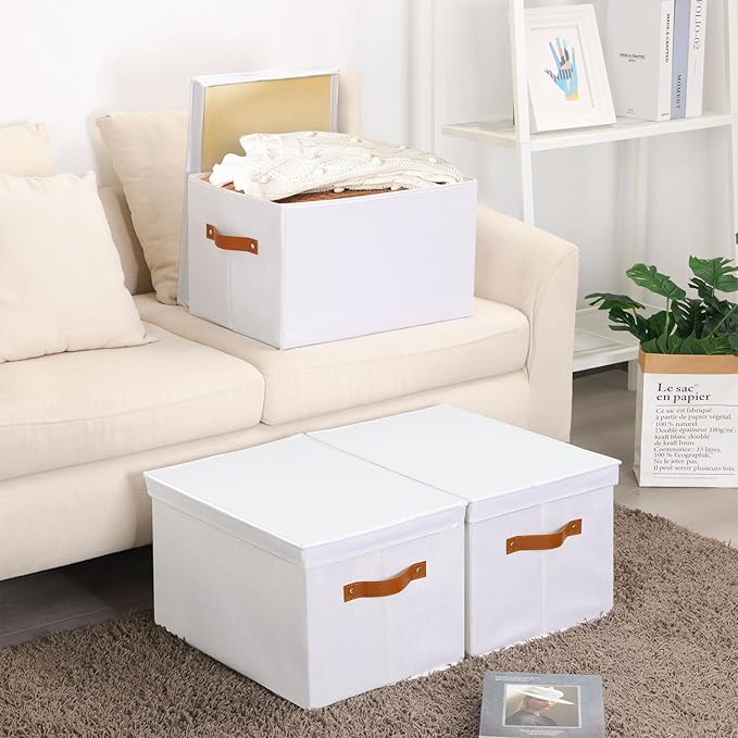 Fabric Storage Bins, 7.1 x 9.1 x 13 Inch Clothes Boxes for Shelves with Lids, Baskets for Organizing with Handles, Decorative Linen Closet Organizers, White, 5 Pack
