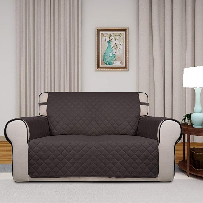 PureFit Reversible Quilted Sofa Cover, Water Resistant Medium Slipcover Furniture Protector, Washable Couch Cover with Non Slip Foam and Elastic Straps for Kids, Pets (Loveseat, Chocolate/Chocolate)