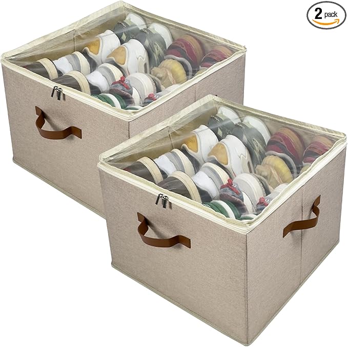 Shoe Organizer for Closet, 2 Pack Shoe Storage Bins with Clear Cover, Adjustable Dividers Fits 16-32 Pairs ShoeBoxes, Organizador de Zapatos, Khaki