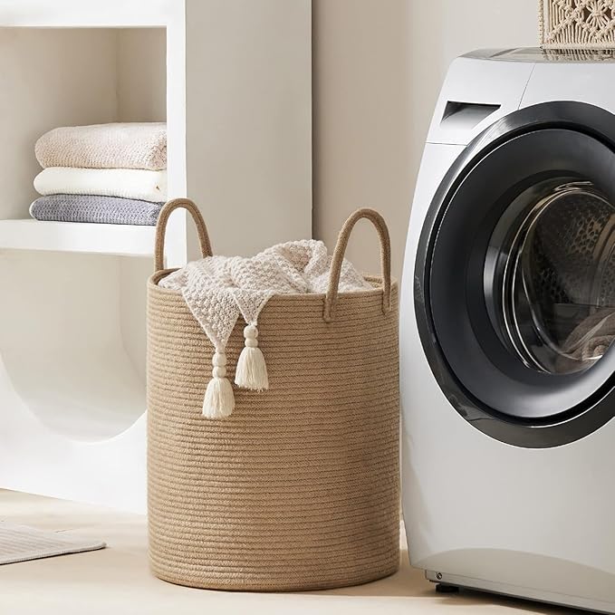 Jute Rope Laundry Hamper Basket by YOUDENOVA, 58L Tall Laundry Basket, Baby Nursery Hamper for Blanket Storage for Bedroom-Large-Jute