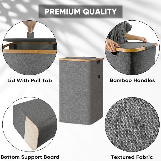 BALEINE Laundry Hamper with Lid, Tall Laundry Baskets with Bamboo Pull Handles, Large Laundry Bin with Internal Support (18 Gal/70L, Grey)