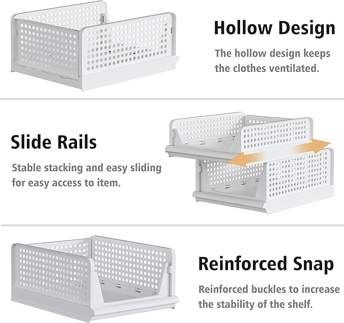 Proarea 4 Pack Stackable Plastic Storage Basket Closet Organizer Bin Foldable Clothes Organizer Storage Drawer Shelf Container for Living Room Bathroom Kitchen Office (4S)