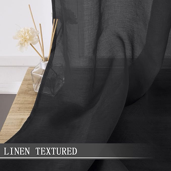 Tollpiz Short Sheer Curtain Linen Textured Living Room Curtains Sheer Light Filtering Rod Pocket Voile Curtain for Bedroom, 42 x 54 inches Long, Black, Set of 2 Panels