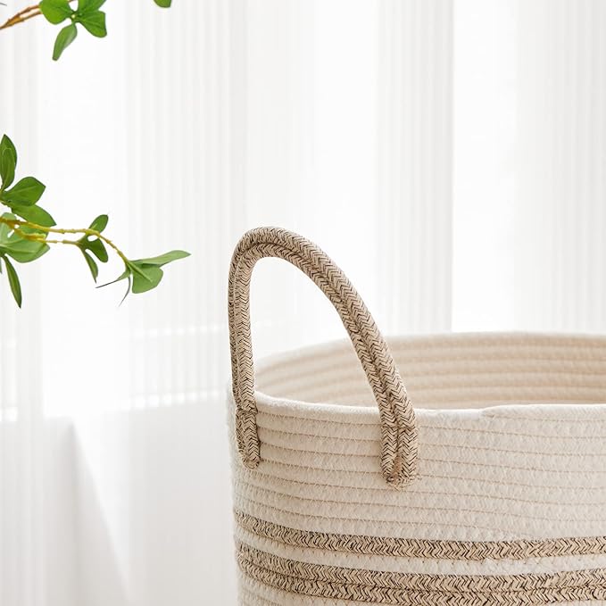 VIPOSCO Large Laundry Hamper, Tall Woven Rope Storage Basket for Blanket, Toys, Dirty Clothes in Living Room, Bathroom, Bedroom - 72L Brown & White