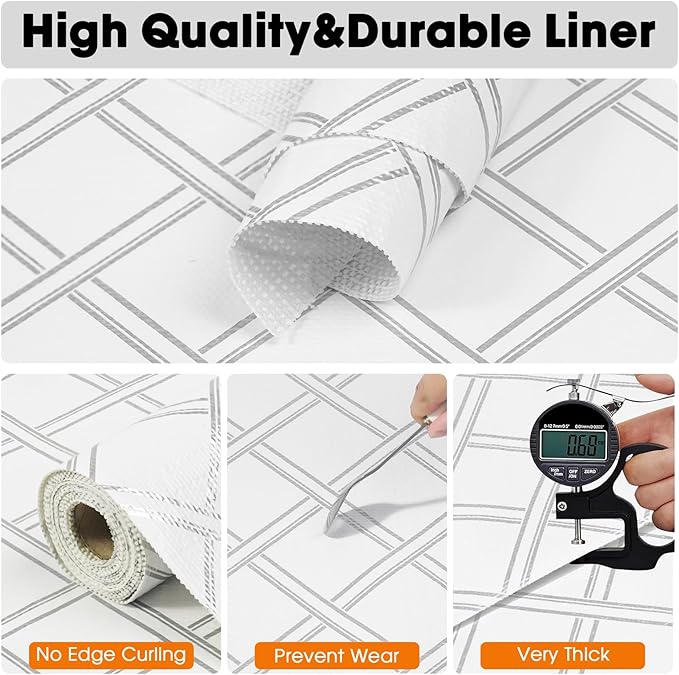 Drawer and Shelf Liner for Kitchen Cabinets Non-Adhesive Cabinet Liners for Shelves Strong Grip Non Slip Waterproof Cupboard Liner for Dresser Refrigerator, Bathroom,Silver Geometric,17.5IN X 10FT