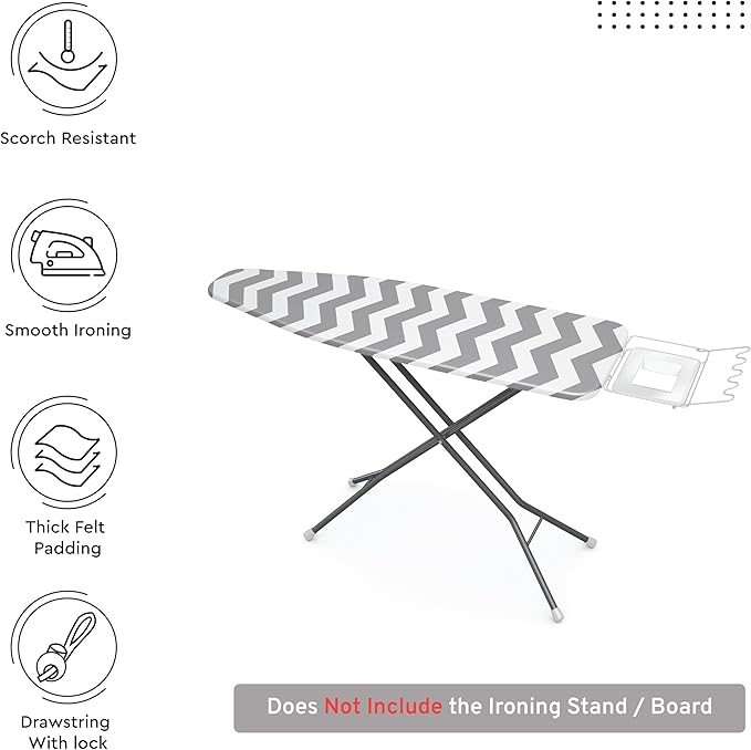 Encasa XO Ironing Board Cover and Pad 42"x14" - Thick 3mm Felt Padding, Drawstring Tightening & Lock, Easy Fit, Scorch & Stain Resistant, Fits Medium Ironing Board - Zig Zag
