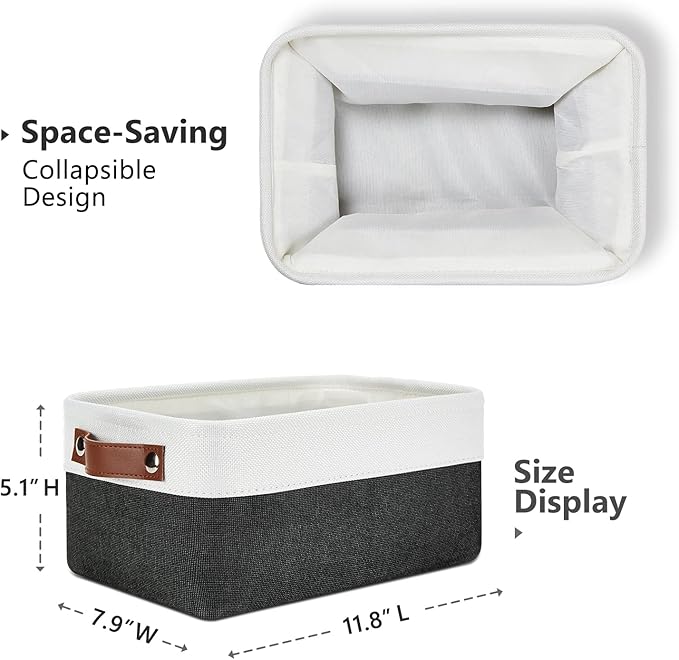 DULLEMELO Small Storage Baskets 6 Pack, Fabric Collapsible Gift Storage Baskets for Shelves, Closets, Nursery, Home, Office Organizing,Small Canvas Linen Rectangular Storage Bins (White&Black)