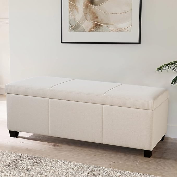 BELLEZE Storage Faux Leather Ottoman, 47 Inch Bench Bedroom Bench with Safety Close Hinge, Extra Long Ottoman with Storage for Living Room, Entryway, Hallway, Foot Rest, Support 300lbs - Beige