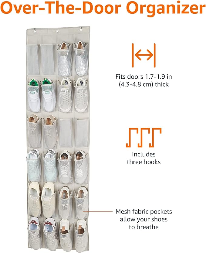 Amazon Basics 24 Medium Pocket Over-the-Door Hanging Shoe Organizer, Light Grey