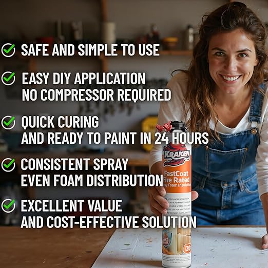 Kraken Bond Fastcoat Fire Rated Spray Foam Insulation Kit Closed Cell in a Can 240 sq ft (12x27.1 oz.) (R-Value 11.32 / 2in) - Spray Foam for Garage Door, Attic, Wall Gun & Cleaner Included, 12 Pack