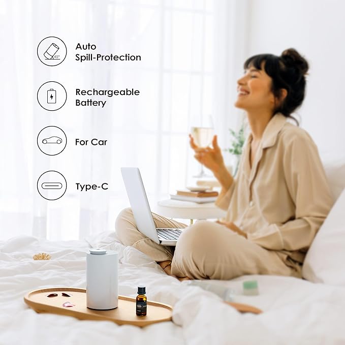 Waterless Diffuser for Essential Oil, Battery Operated Nebulizer, 0.7 Fl.Oz./ 20mL Capacity, Mini Scent Air Machine, 3 Countdown Timers & 3 Mist Levels for Home, Room, Car, Office - AN6 Black+White