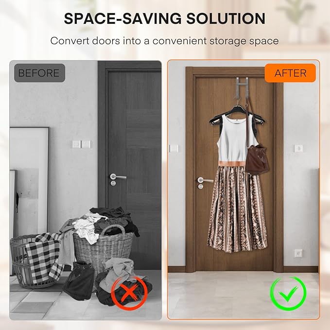 FYY Over The Door Hooks - 4 Pack Heavy Duty Dual-Hook Organizer Hanger with Non-Slip Rubber for Towels, Clothes, Hats & Bags Use in Bathroom, Bedroom, Kitchen - Fits Interior Doors Up to 1 3/8" Grey