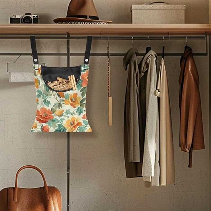 Art Flower Clothespin Bag Clothes Pin Hanging Bag Clothespin Bag with Hanging Hook 12 x 14.6 Inch Laundry Clothes Pin Holder Waterproof Clothes Pin Hanging Bag Clothespin Storage