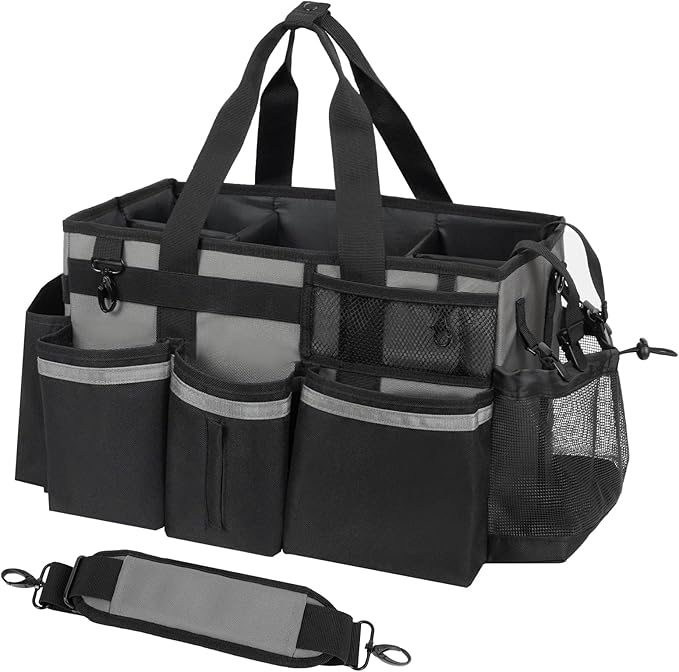 Wearable Cleaning Caddy, Cleaning Caddy Supplies Organizer with Handle & Shoulder Straps for Housekeepers, Under Sink & Car Cleaning Tool Organizers Bag with 4 Foldable Divider (MediumGrey)
