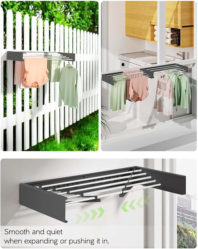 Wall Mounted Clothes Drying Rack 32", Foldable Wall Mount Laundry Rack Folding Indoor, Drying Rack Clothing Collapsible, Hidden Space Saver with Wall Template, 5 Rods, Black
