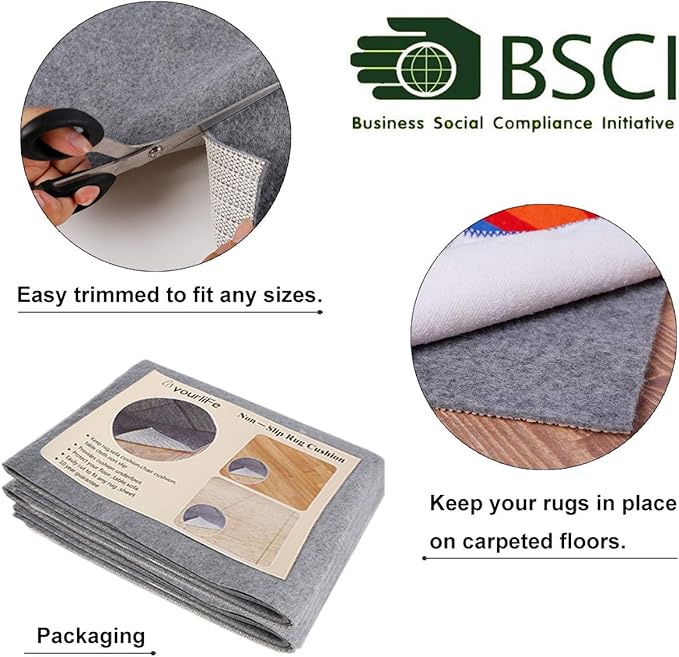 Non Slip Rug Pad Grippers - Square 6x6, 1/8" Thick, (Felt + Rubber) Double Layers Area Carpet Mat Tap, Provides Protection Cushioning for Hardwood or Tile Floors