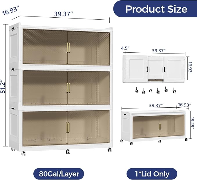 240 Gallon Extra Large Collapsible Storage Bin with Lid, 960QT Stackable Plastic Organizer with 6x Wheels, Foldable Drawer Cabinet for Closet, Living Room Office Dorm 3Pack, White