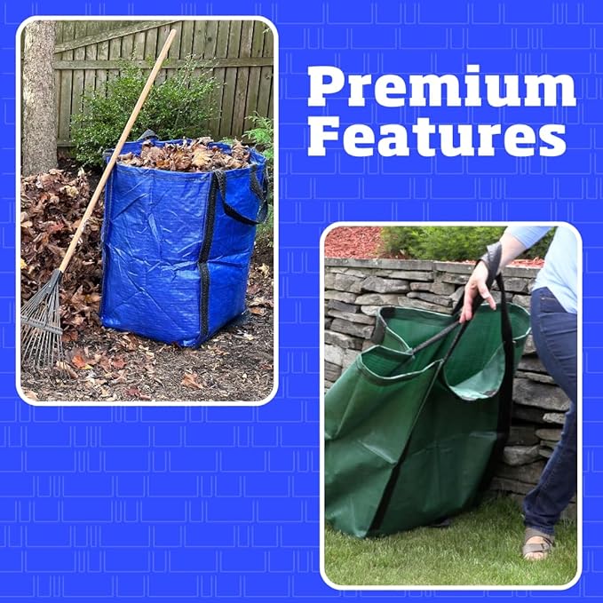 DURASACK Heavy Duty Home and Yard Bags 48-Gallon Reusable Self-Standing Lawn and Leaf Bags Garbage Can with Reinforced Handles, Gingham Blue, 3 Pack