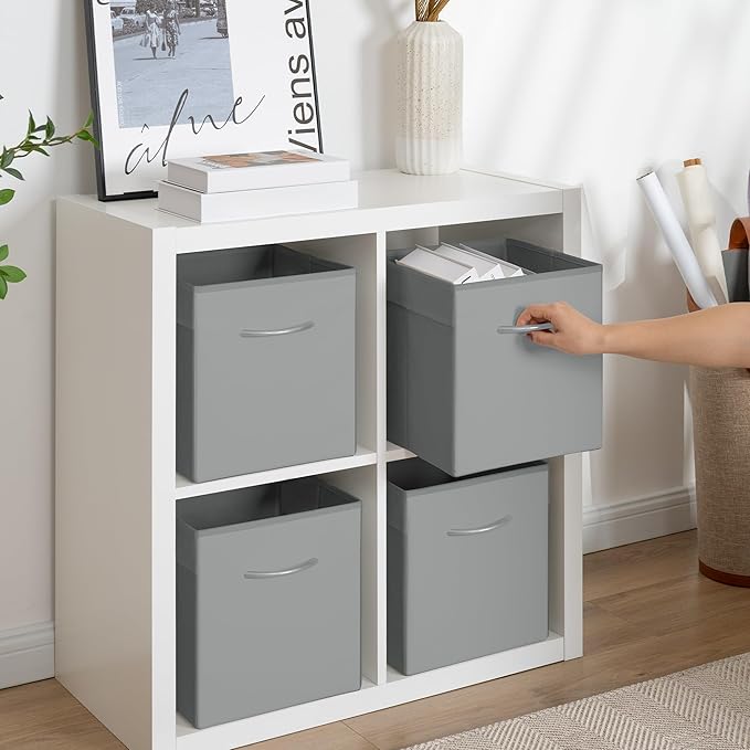 StorageWorks Gray Storage Cubes, 11 Inch Cube Storage Bins with Handle, Cube Storage Organizer Bins for Shelves and Closet, Collapsible Storage Bins, 4-Pack