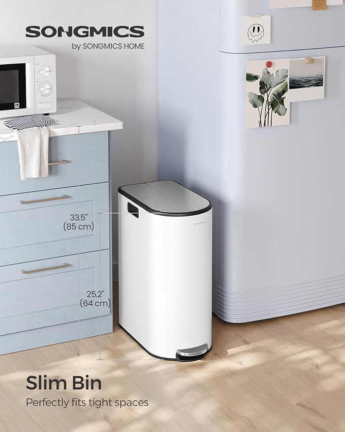 SONGMICS 13-Gallon Dual Kitchen Trash Can, 5.3 and 8 Gallon Compartments, Garbage Can with Wing Lids, Stainless Steel, Soft Close, Inner Buckets, Cloud White and Metallic Silver ULTB570W50
