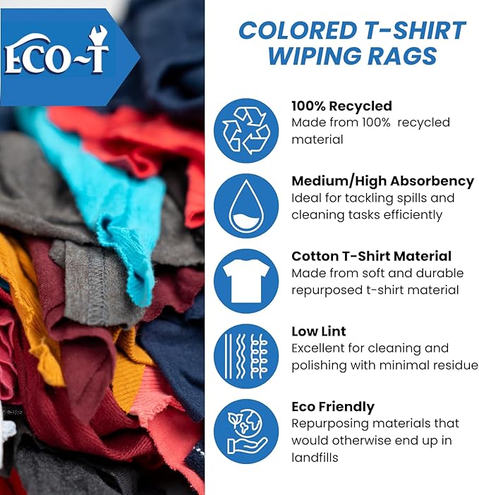 10 Lb Box Eco-T Mechanic Shop Rags - Colored T-Shirt Material, 100% Recycled, Eco-Friendly, High Absorbency, Low Lint, Low-Cost, Industrial Use Wiping Cloth