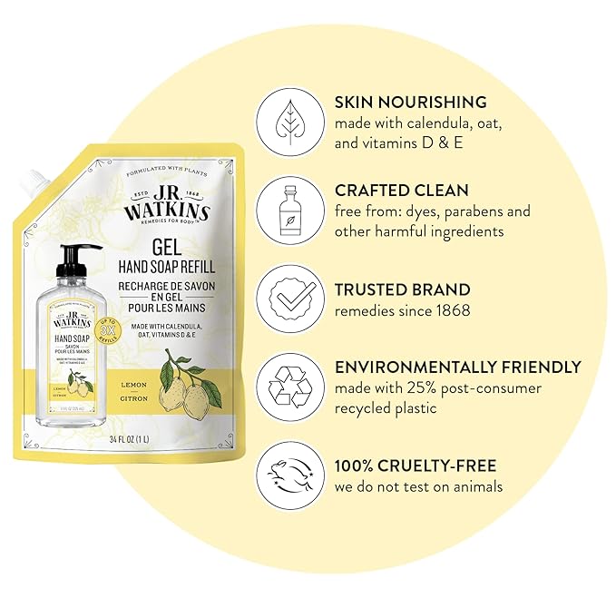 J.R. Watkins Gel Hand Soap Refill Pouch, Scented Liquid Hand Wash for Bathroom or Kitchen, USA Made and Cruelty Free, 34 fl oz, Lemon, 2 Pack