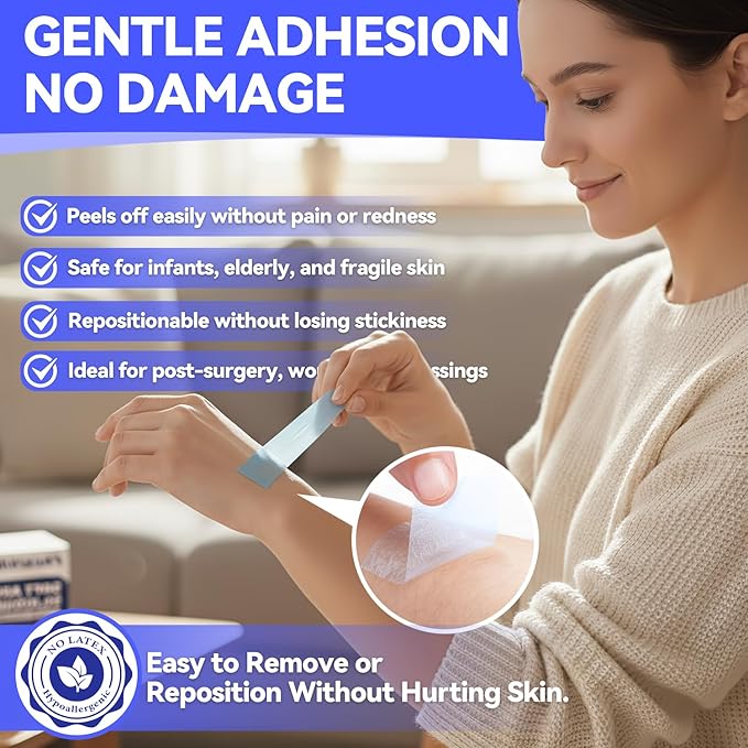FRESINIDER Silicone Medical Tape – 1" x 1.5 Yard Blue 2 Rolls, Pre-Cut, Waterproof & Repositionable, Pain-Free Removal, Hypoallergenic Adhesive for Sensitive Skin, Wound Care & First Aid Use