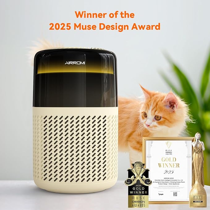 AIRROMI Air Purifier for Bedroom Home,HEPA Filter,Covers Upto 549 Ft²,Quiet 360°intake Air Cleaner with Fragrance ponge for Better Sleep,Night Light,Filters Smoke,Pet Dander,Allergies,Dust,A2005Yellow