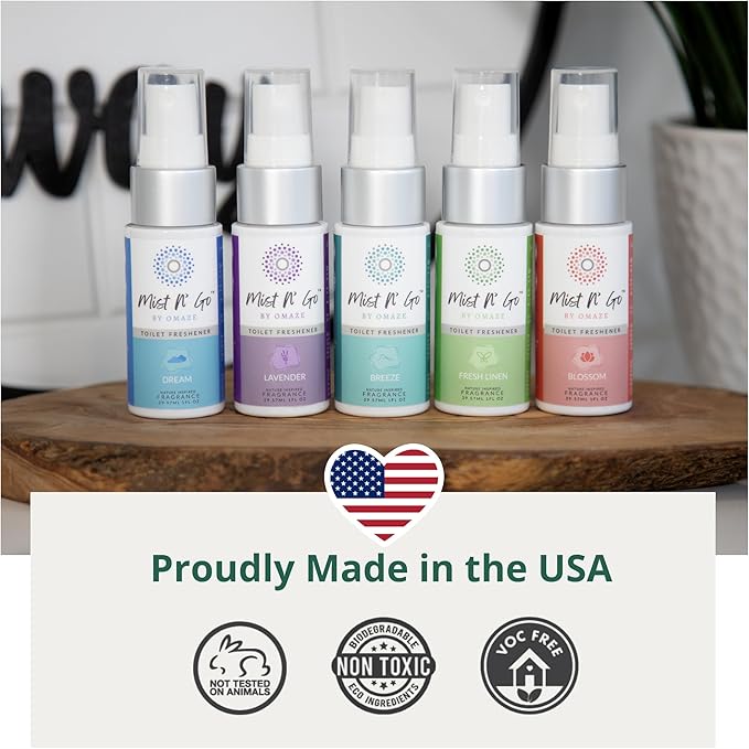 Mist N' Go by Omaze Travel Bathroom Spray - Toilet Odor Eliminator & Air Freshener - Fresh Linen (1oz x5)