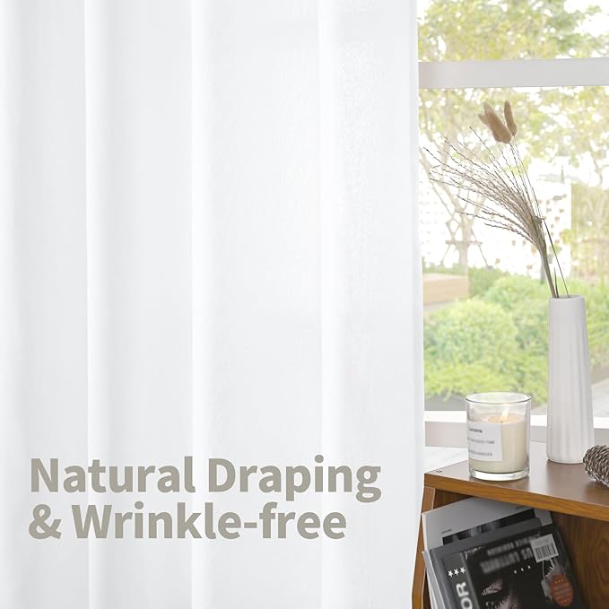 YoungsTex 63 Inch Length White Linen Curtains 2 Panels for Living Room, Light Filtering Drapes Semi Sheer with Rod Pocket Back Tab Lightweight for Bedroom, 52 X 63 Inch