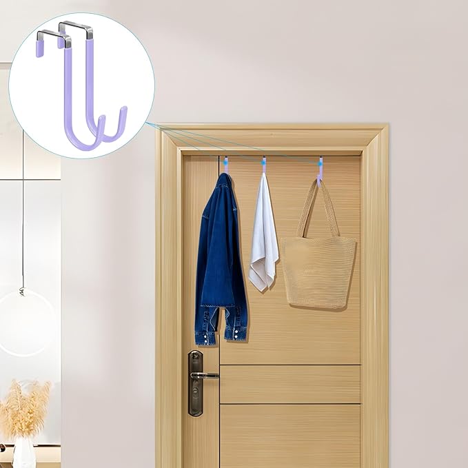 FYY Over The Door Hooks, 4 Pack Door Hangers Hooks with Rubber Prevent Scratches Heavy Duty Organizer Hooks for Living Room, Bathroom, Bedroom Hanging Clothes, Towels, Hats, Coats, Bags Lavender