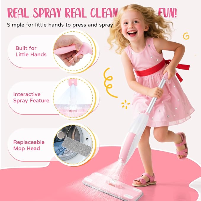 Kids Cleaning Toy Set,Pink Mini Spray Mop Montessori Toys Pretend Play Cleaning Tool for Toddlers with Spray Mop & Kids Broom Dustpan Set Cleaning Toys Gift for Toddlers Girls Boys Age 3+