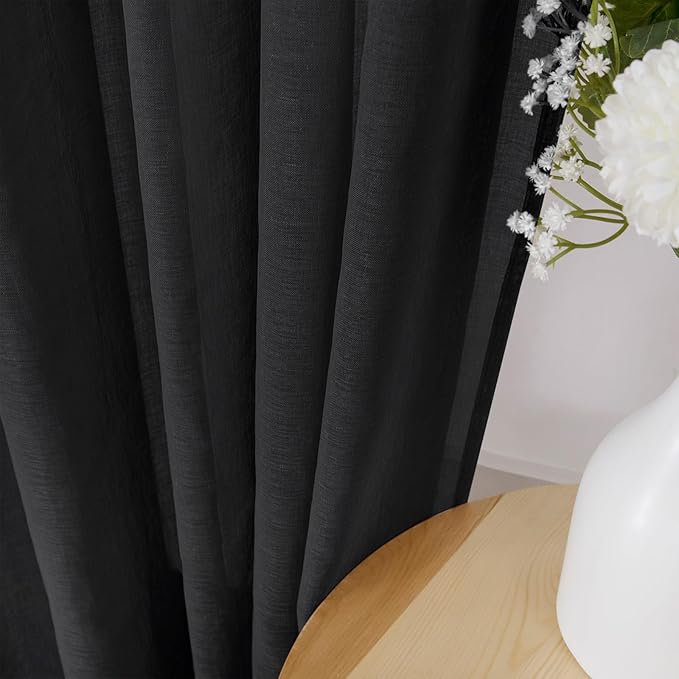Tollpiz Sheer Curtains Living Room Linen Textured Curtain Sheers Light Filtering Voile Rod Pocket Curtains for Bedroom, 38 x 63 inches Long, Black, Set of 2 Panels