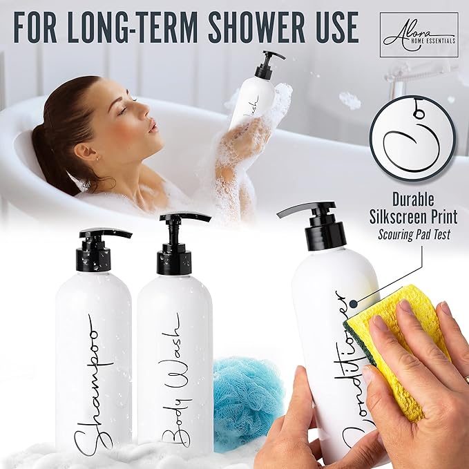 Alora 32oz Reusable Shampoo and Conditioner Bottles - Set of 3 - Easy to Read Labels - Pump Bottle Dispenser for Shampoo, Conditioner, Body Wash - Empty Plastic Refillable Containers for Shower