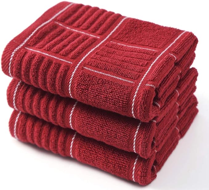 Anyi 100% Cotton Kitchen Towels, Absorbent Dish Towels with Hanging Loop, Soft Kitchen Hand Towels for Washing Drying Dishes(16x26, Set of 3, Redwhite)