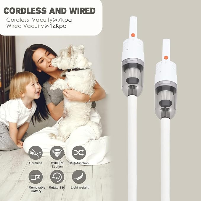 6-in-1 Lightweight Stick Vacuum Cleaner with 100W Powerful Motor, Mini Portable Household Handheld Vacuum Cleaner for Domestic Hard Floors, Carpets and Pet Hair (White Cordless with Plug)