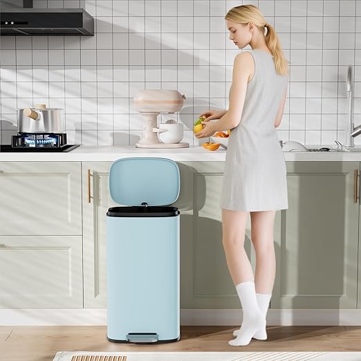 Arlopu 8/13.2 Gallon Step Trash Can, Stainless Steel Garbage Bin, Soft-Close Rubbish Bin with Removable Plastic Inner Bucket, Fingerprint-Proof, Lid Dustbin, Suit for Kitchen (Tide Pool Blue, 30L)