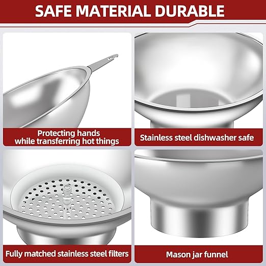 Canning Funnel with Strainer - Wide Mouth Stainless Steel Kitchen Funnel for Mason Jars, Transferring Liquids, Dry Ingredients, Canning & Preserves