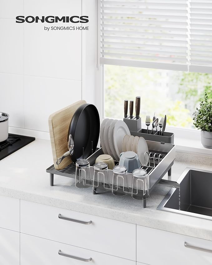 SONGMICS Large Dish Drying Rack, Expandable Dish Dryer for Kitchen Counter, Stainless Steel Dish Rack with Rotatable Spout, Utensil, Cup, Glass, Cutting Board, Pan Holders, Silver and Gray UKCS037G01