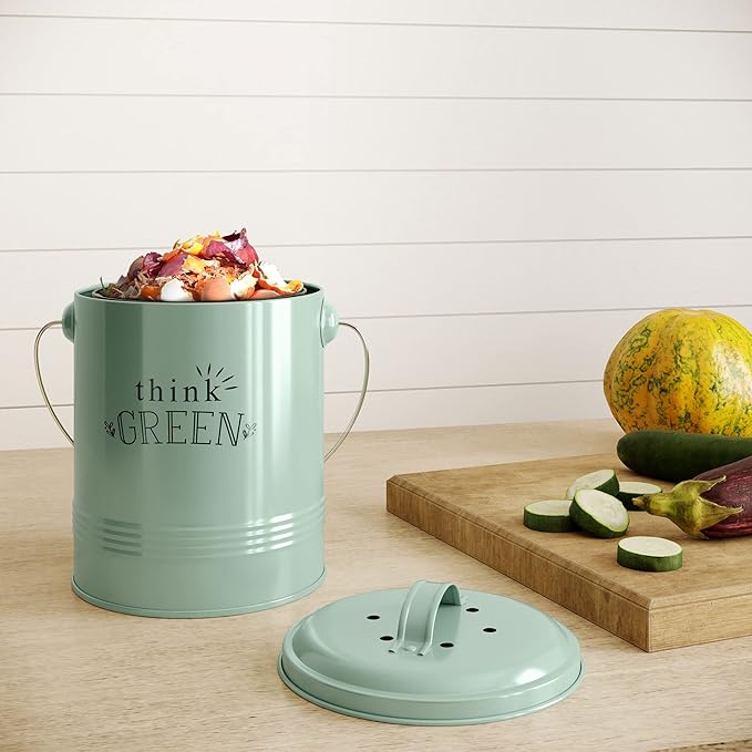 Barnyard Designs Compost Bin for Kitchen Counter - 1.2 Gallon Countertop Composter with Extra Smell-Absorbing Filters and Inner Bucket for Easy Cleaning - Food Waste Bin for Kitchen with Lid (Mint)